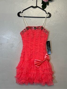 Mac Duggal Girls' Coral Pink Ruffled Party Dress with Sequin Trim Masquerade